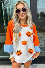 Light Grey Chenille Halloween Pumpkin Patched Color Block Patchwork Long Sleeve Top