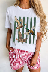 White Western Mallard Stripes Printed Graphic Round Neck Casual Tee