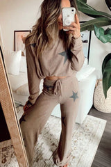 Khaki Retro Star Print Long Sleeve Pullover Drawstring Wide Leg Pajama Set