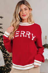 Fiery Red MERRY Color Block Edge Drop Shoulder Cozy Sweater
