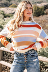 Pink Striped Colorblock Round Neck Drop Shoulder Sweater