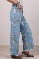 Sky Blue Retro Floral Print Frayed Hem Shift Jeans