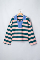 Green Stripe Quarter-Zip Metal Zipper Cover Stitch Hem Top