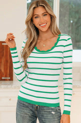 Bright Green Scalloped Trim U Neck Striped Ribbed Slim Sweater