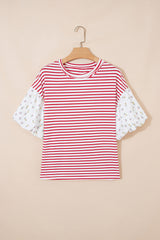 Red Stripe Floral Puff Sleeve Patchwork Round Neck Loose Top