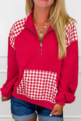 Navy Blue Patchwork Plaid Pocket Quarter Zip Sweatshirt