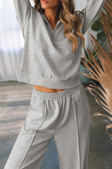 Light Grey Solid Zip Sailor Collar Pullover Athleisure Sweatpants 2pcs Set