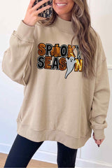 Apricot Sequin Spooky Season Graphic Mock Neck Halloween Sweatshirt