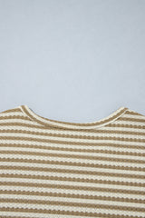 Brown Stripe Textured Knit Long Sleeve Top Elastic Waist Shorts Casual Outfit