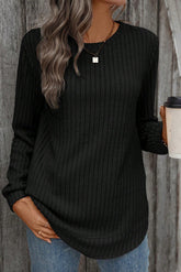 Black Ribbed Texture Round Neck Long Sleeve Rounded Hem Top