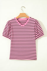 Rose Stripe Striped V-Neck Ribbed Collar Cuff Gathering Puff Sleeve Top