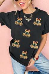 Black Sequin Pumpkin Cherry Graphic Round Neck Casual T Shirt