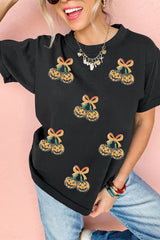Black Sequin Pumpkin Cherry Graphic Round Neck Casual T Shirt