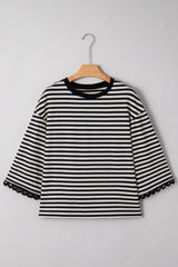 Black Striped Round Neck Contrast Trim Bell Sleeve Top