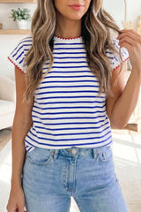 Blue Stripe Contrast Trim Round Neck Cap Sleeve Tee