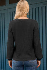 Black Button Notched Neck Waffle Knit Long Sleeve Top
