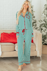 Red Stripe Contrast Velvet Trim Bow Knot Waist 2pcs Pajama Set