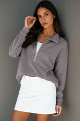 Gray Waffle Texture Collar Half Zip Pocketed Drop Shoulder Sweatshirt