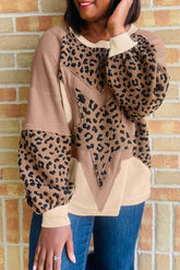 Light French Beige Leopard Star Color Block Patchwork Textured Baggy Sweatshirt
