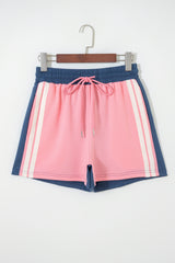Pink Color Block Patchwork Varsity Striped Detail Drawstring Elastic Waist Shorts