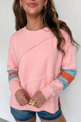Pink Colorblock Striped Patchwork Raw Detail Long Sleeve Top