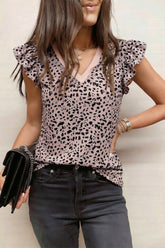 Black Cheetah Print V Neck Ruffle Trim Loose Tank Top