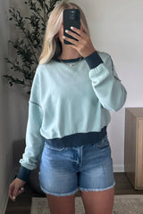 Iceland Blue Contrast Edge Patchwork Cropped Sweatshirt