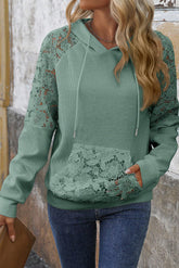 Smoke Green Lace Patchwork Raglan Sleeve Kangaroo Pocket Waffle Hoodie