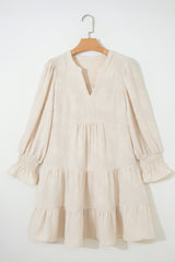 Parchment Long Sleeve Notched Neck Jacquard Tiered Mini Dress