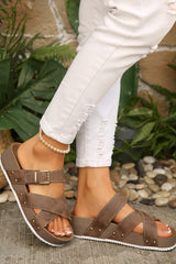 Brown Faux Suede PU Leather Strappy Cutout Retro Slippers