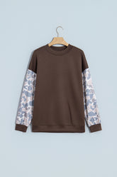 Coffee Camouflage Sleeve Crewneck Baggy Pullover Sweatshirt