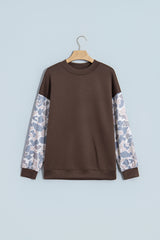 Coffee Camouflage Sleeve Crewneck Baggy Pullover Sweatshirt