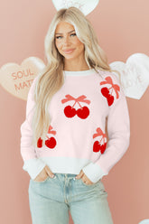 White Cherry Pattern Drop Shoulder Sweater
