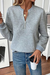Medium Grey Solid Color Texture Zipper V Neck Sweatshirt