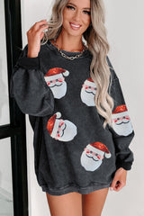 Black Santa Claus Sequins Patch Corded Christmas Graphic Sweatshirt