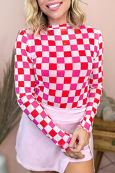 Rose Plaid Mesh Sheer Long Sleeve Top