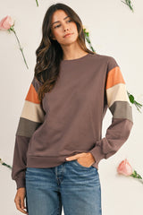 Dark Khaki Colorblock Drop Shoulder Pullover Casual Sweatshirt