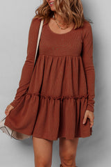 Straw Yellow Ribbed Frilled Trim High Waist Long Sleeve Mini Dress