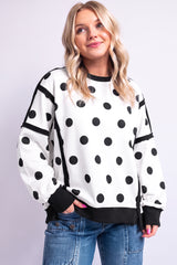 White Polka Dot Contrast Patchwork Round Neck Baggy Sweatshirt