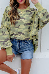 Green Camouflage Waffle Knit Raw Edge Contrast Trim Oversized Long Sleeve Top