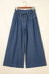 Sky Blue Polka Dot Print Button Pleated Detail Wide Leg Jeans