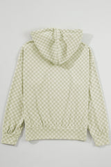 Green Checkered Print Kangaroo Pocket Drawstring Hoodie