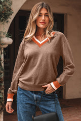 Black Contrast Striped Trim V Neck Varsity Sweater