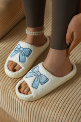 Light Blue Bow Embroidered Open Toe Plush Slippers
