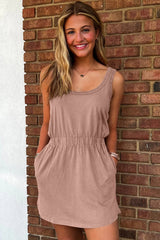 Smoke Gray Mineral Wash U Neck Elastic Waist Sleeveless Mini Dress