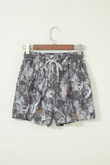 Gray Abstract Maple Leaf Printed Tie Elastic Waist Shorts