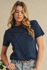 Dirty Blue Solid Color Round Neck T Shirt