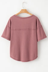 Rose Exposed Seam Drop Sleeve V Neck Waffle Textured Top