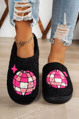 White Disco Ball Print Fuzzy Winter House Slippers