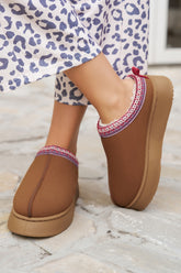 Chestnut Faux Suede Embroidered Detail Plush Lined Platform Slippers